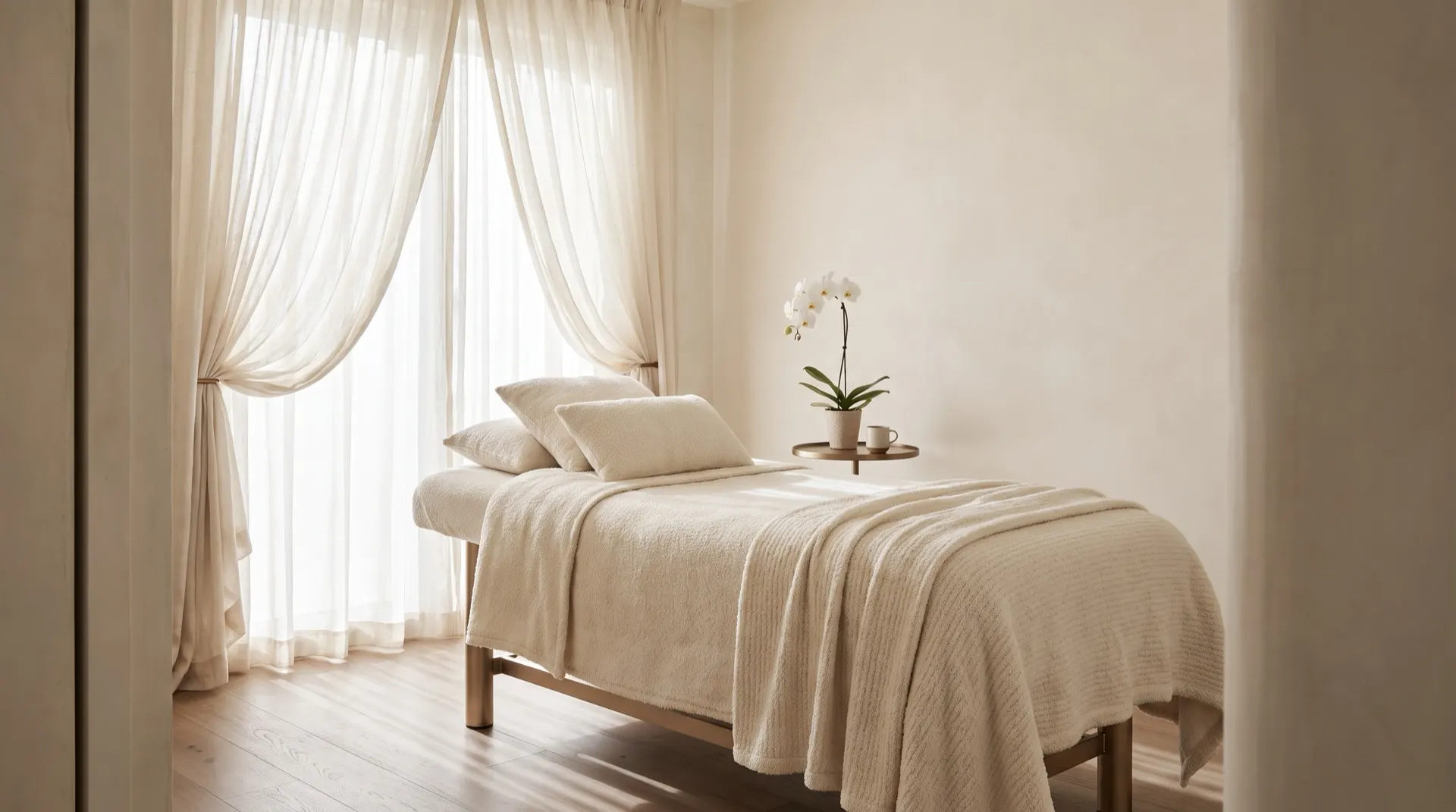 Ivory treatment room with soft window light